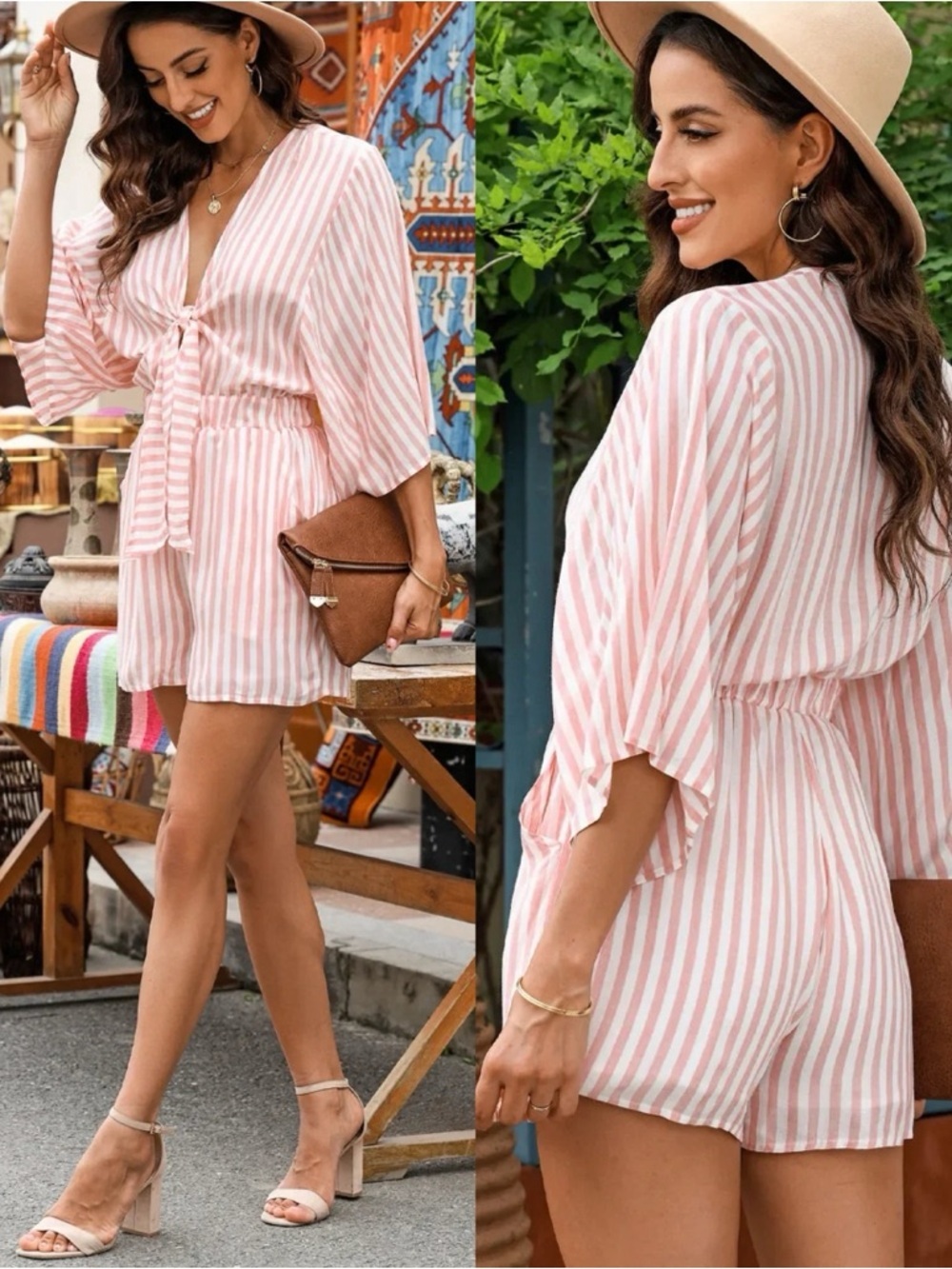 Flawless Kimono Sleeves Cut Out Striped Romper